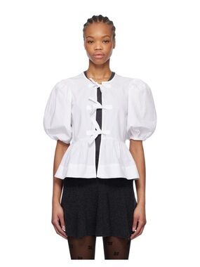 Ganni Inspired White Poplin Bow Tie Front Peplum Top Puff Sleeve Primark